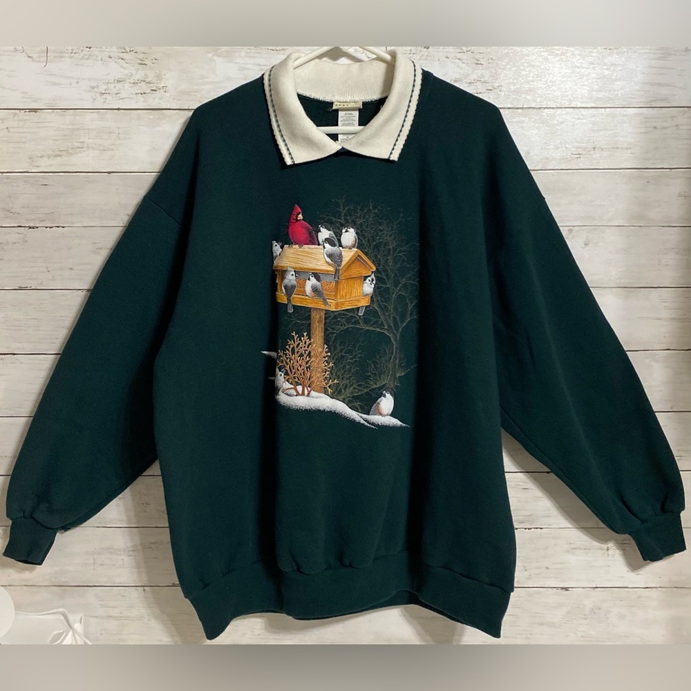 Vintage 90s Just For Women Birds Pullover Sweater Fleece Collared Made In USA 2X